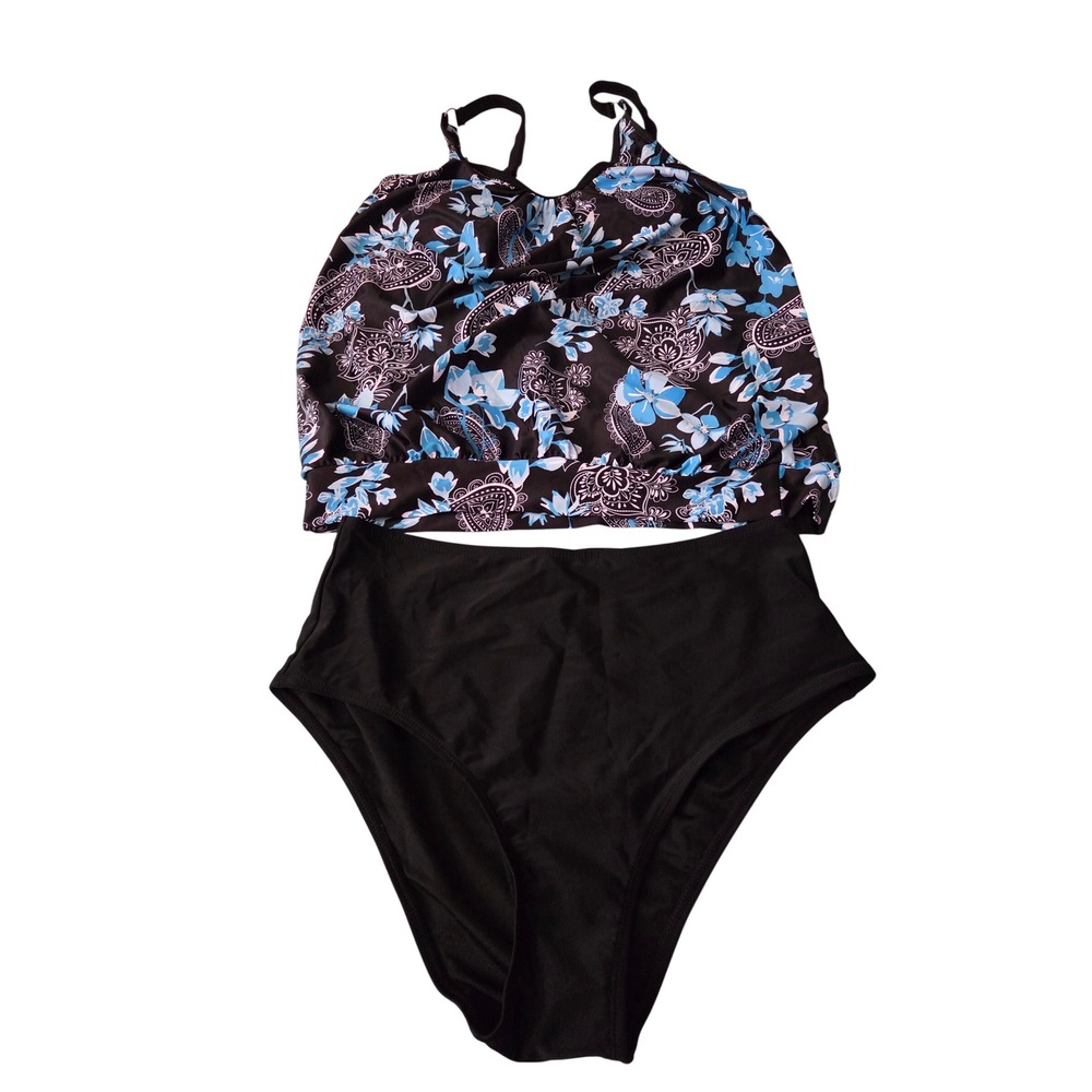 Yonique Womens Tankini Swimsuit Set Blue Paisley Floral Top High Waist Bottom‎ M